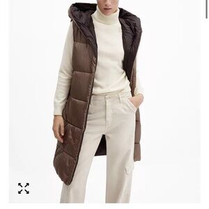 Mango Taupe Long Hooded Puffer Vest, lightly worn